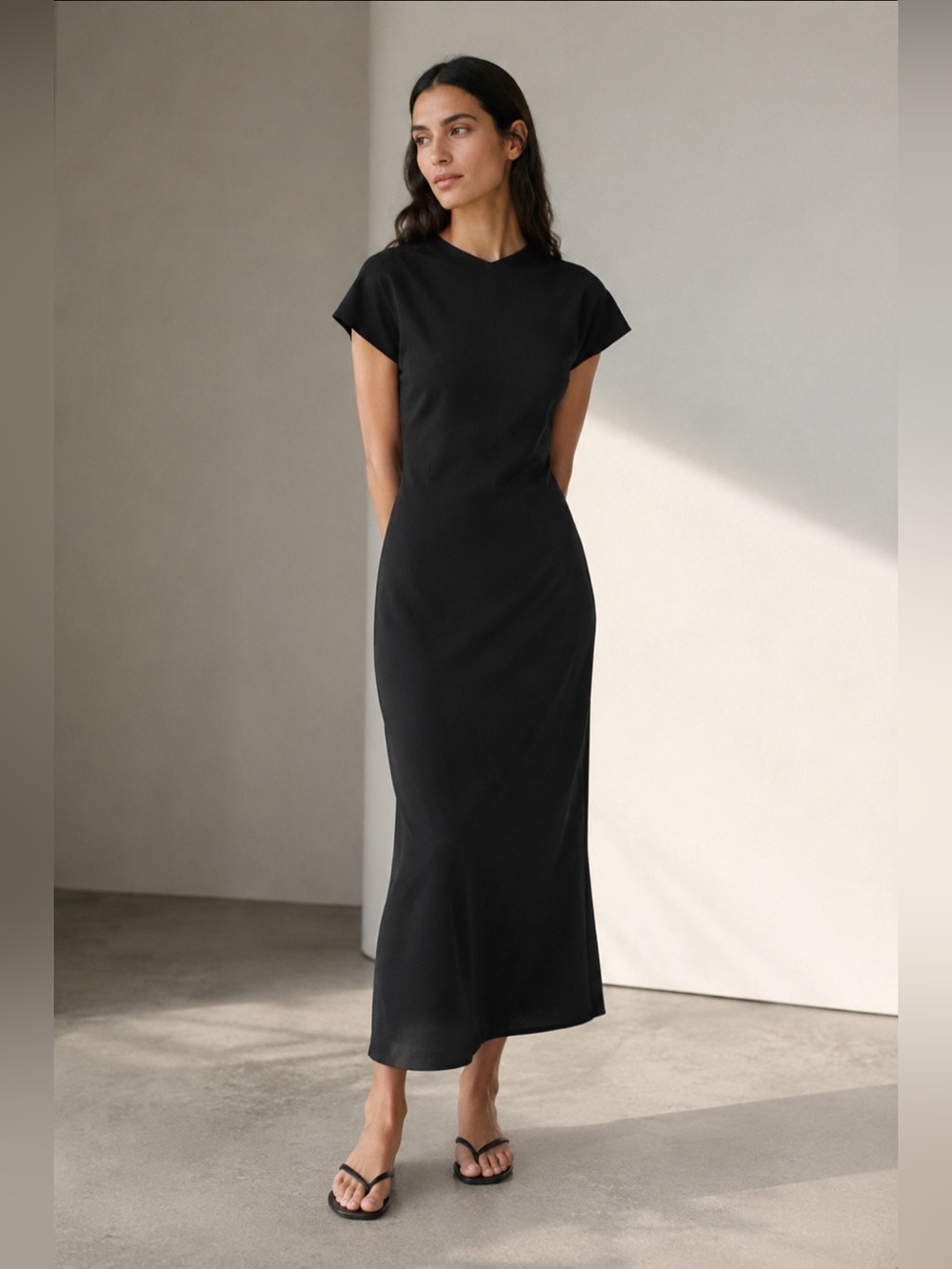 Massimo Dutti Black Viscose Blend Crepe Quiet Luxury Midi Dress | 10 NWT